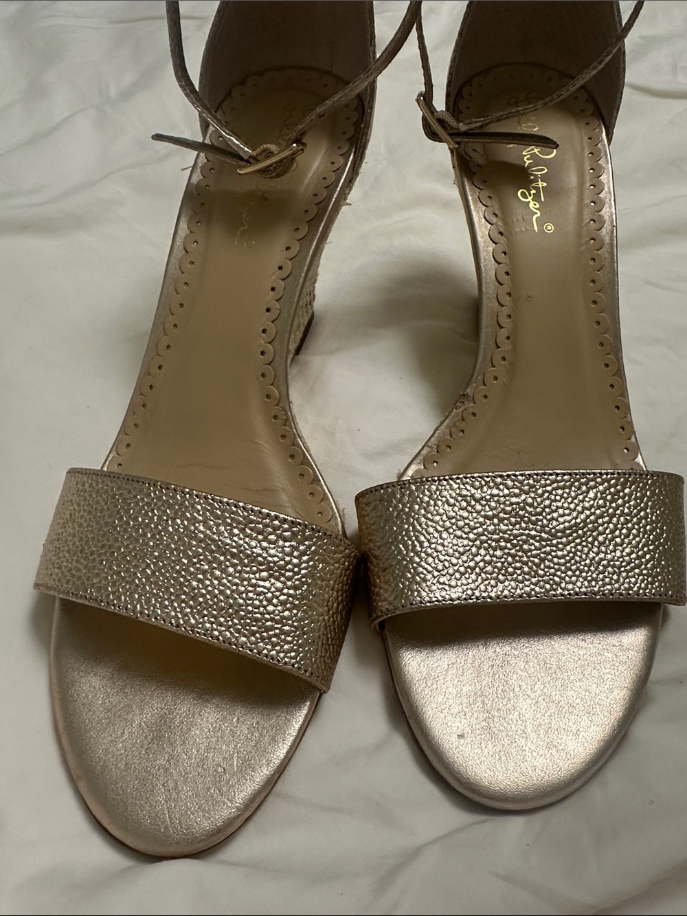 Lilly Pulitzer Gold Metallic Ankle-Strap Wedge  8 1/2 M
